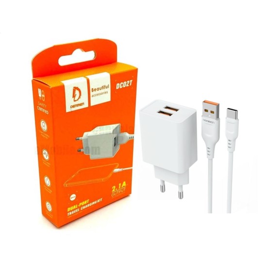 ADAPTADOR DE CARREGADOR DENMEN DC02T DUAS PORTAS USB 2.4A COM CABO USB TIPO C BRANCO